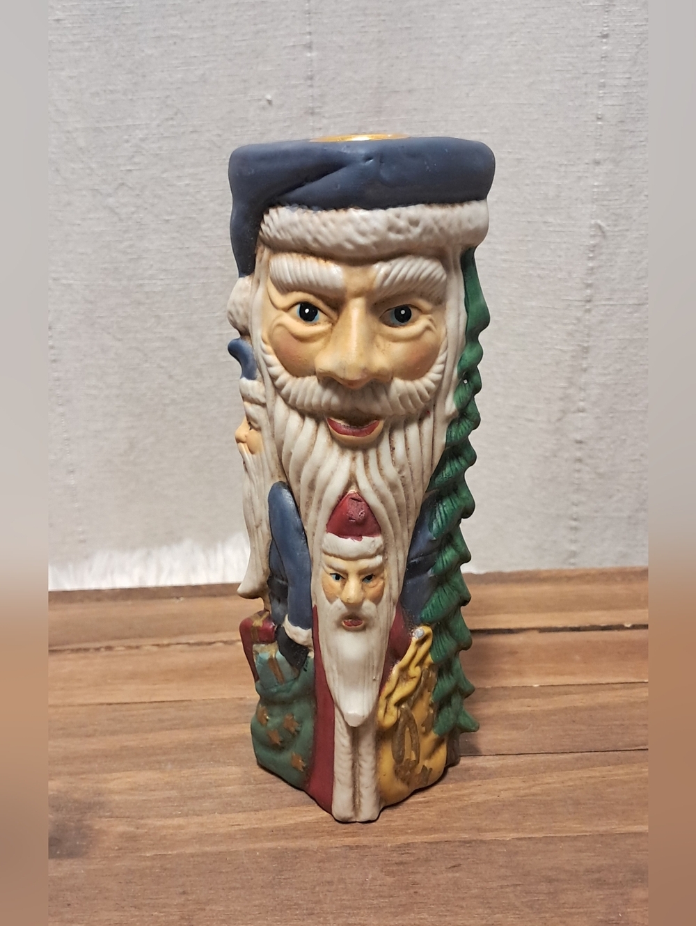 Vintage Hand Carved Multi Dimensional Christmas Santa Candlestick Holder 8"